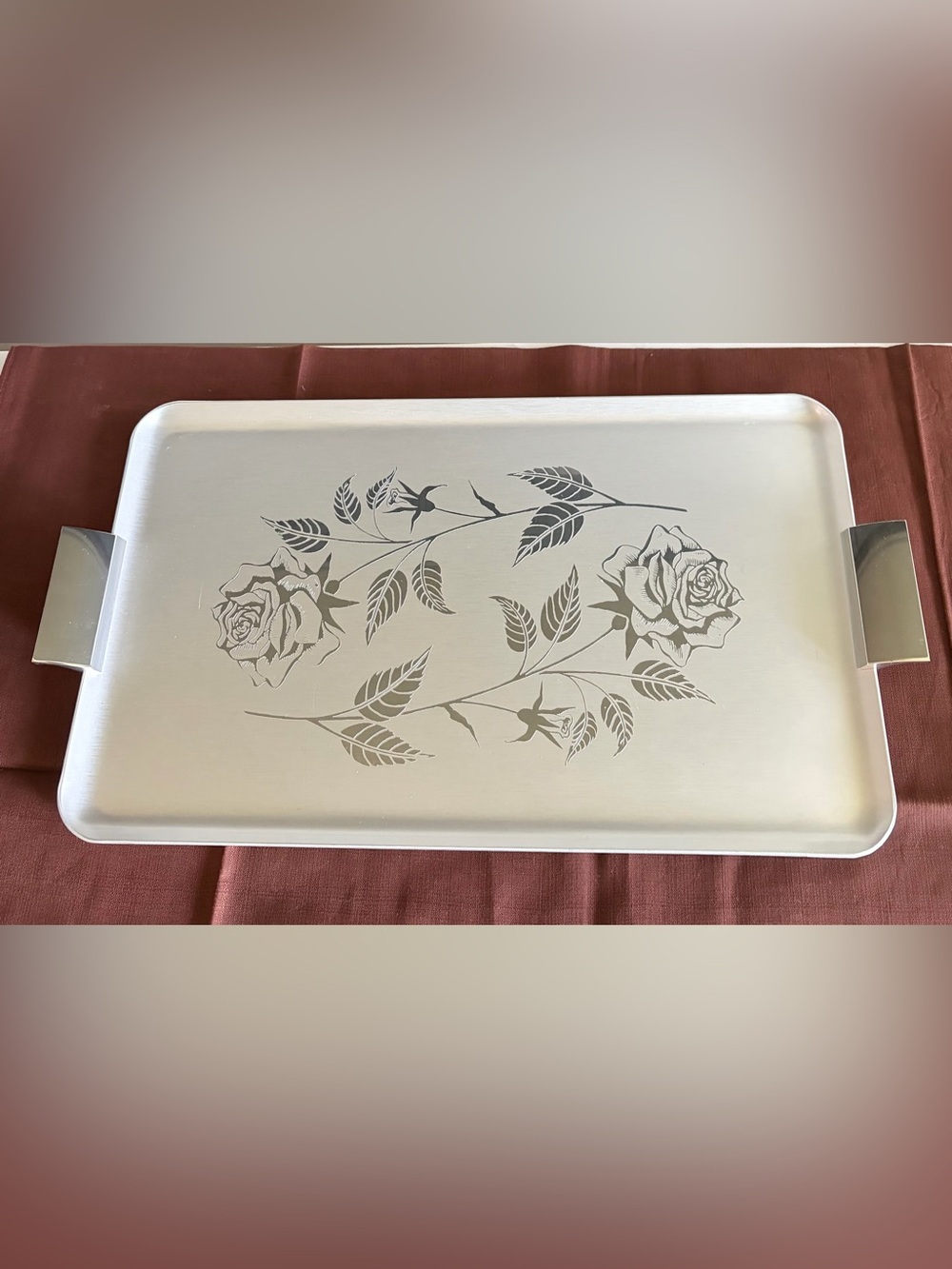 Vintage 1960s Silhouette Aluminum Serving Tray, Embossed Roses